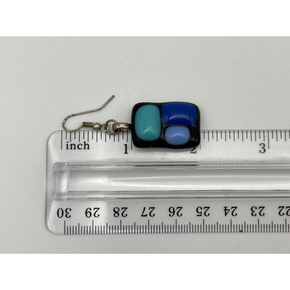 Fused Glass Dangle Earrings Blues Black Rectangles 2" Pierced - Picture 7 of 9